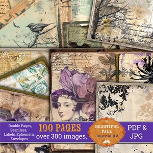 Op de afbeelding: Een digitale collagekit met 100 pagina's en meer dan 300 afbeeldingen. De kit bevat een verscheidenheid aan vintage-ge&iuml;nspireerde ontwerpen, waaronder bloemmotieven, handgeschreven tekst en texturen van oud papier. De kit is perfect voor scrapbooking, journalen en andere creatieve projecten.