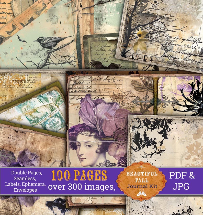 Op de afbeelding: Een digitale collagekit met 100 pagina's en meer dan 300 afbeeldingen. De kit bevat een verscheidenheid aan vintage-ge&iuml;nspireerde ontwerpen, waaronder bloemmotieven, handgeschreven tekst en texturen van oud papier. De kit is perfect voor scrapbooking, journalen en andere creatieve projecten.