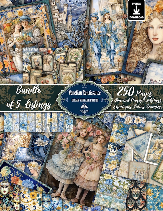 Venetian Renaissance 250 Pages Bundle, Digital,Printable Download,Journal Pages, Craft, Scrapbooking Ephemera Folios kit,Envelopes, Seamless