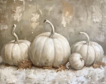 Pumpkins Art Print, Textured Painting, Large Impressionistic Abstract Fall Gift with White,Beige,Yellow, Colorful Halloween Decor Present