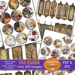 Op de afbeelding: Een digitale collagekit met 100 pagina's met meer dan 300 afbeeldingen. De afbeeldingen zijn in vintage stijl met herfstkleuren en -thema's. De kit bevat dubbele pagina's, naadloze patronen, labels, ephemera en enveloppen. De kit is beschikbaar in PDF- en JPG-formaten.