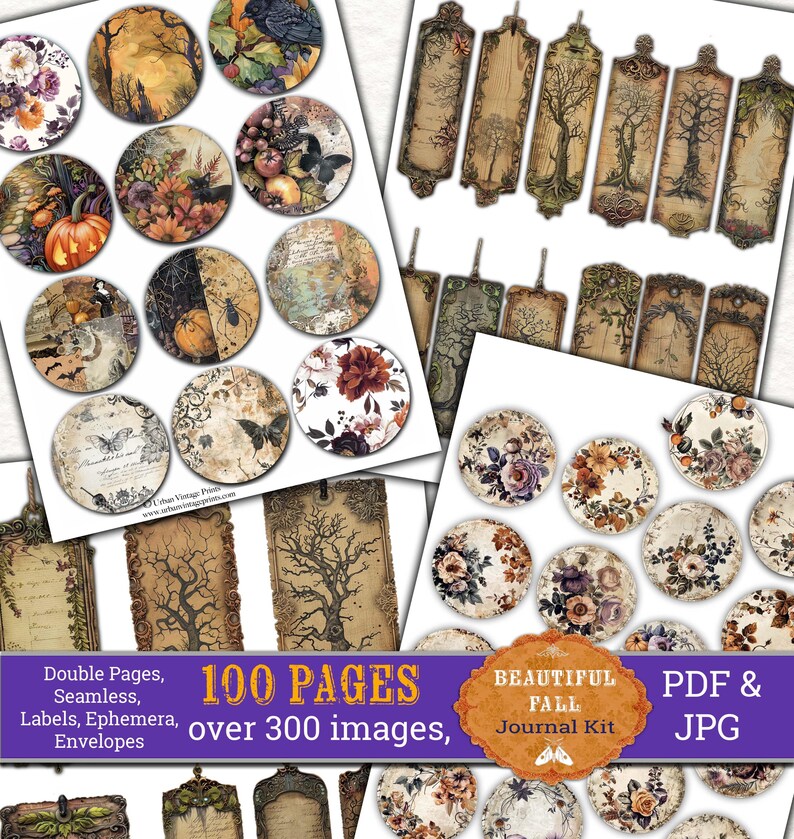 Op de afbeelding: Een digitale collagekit met 100 pagina's met meer dan 300 afbeeldingen. De afbeeldingen zijn in vintage stijl met herfstkleuren en -thema's. De kit bevat dubbele pagina's, naadloze patronen, labels, ephemera en enveloppen. De kit is beschikbaar in PDF- en JPG-formaten.