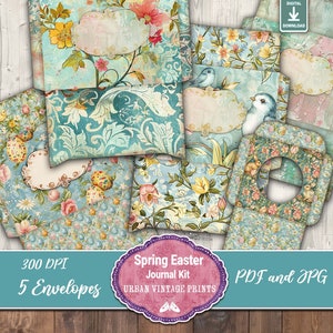 Pu&ograve; includere: Una collezione di buste in stile vintage con disegni floreali e di uccelli nei toni del blu, rosa e giallo. L'immagine include il testo "Spring Easter Journal Kit" e "PDF and JPG". Le buste sono decorate con etichette decorative.