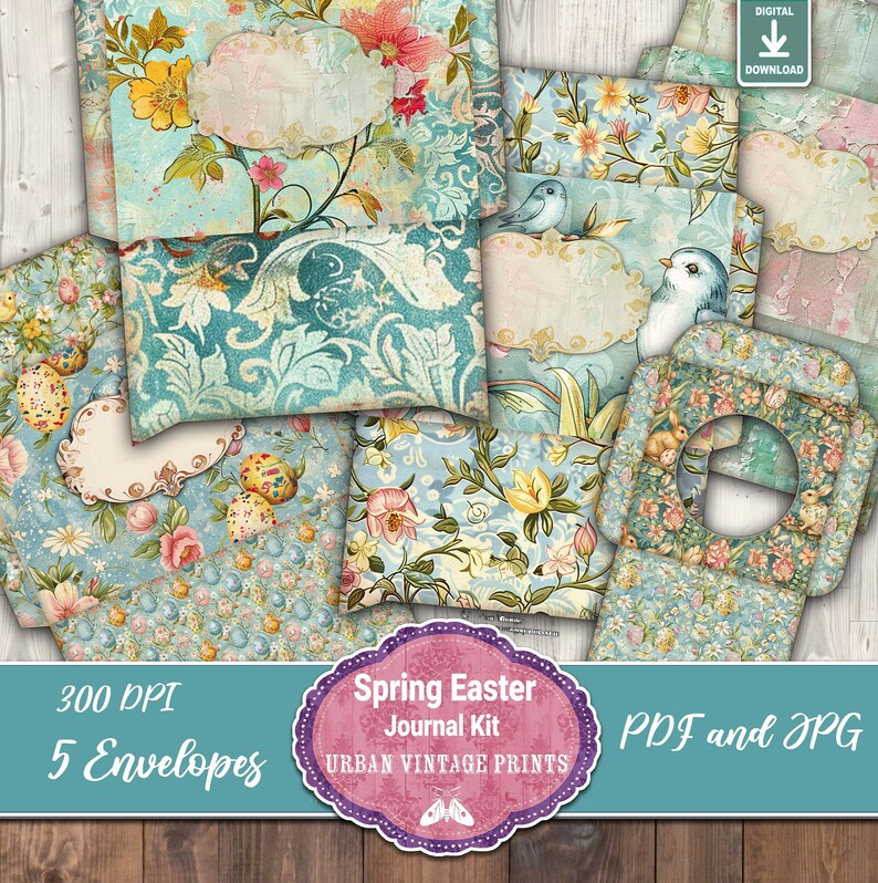 Pu&ograve; includere: Una collezione di buste in stile vintage con disegni floreali e di uccelli nei toni del blu, rosa e giallo. L'immagine include il testo "Spring Easter Journal Kit" e "PDF and JPG". Le buste sono decorate con etichette decorative.