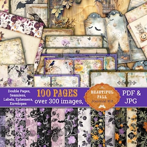 Páginas de diario de otoño, digital, diario de Halloween, descarga, paquete de recortes de efímeras vintage, efímeras, etiqueta, etiqueta de poción, papel, imprimible, calabaza, kit