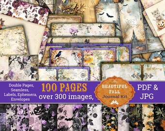 Fall Journal Pages, Digital, Halloween Journal,Download,Vintage Ephemera Scrap Pack,ephemera,tag,potion label,paper, printable,pumpkin, kit