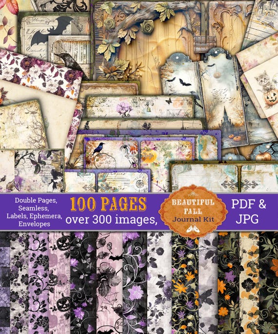 Fall Journal Pages, Digital, Halloween Journal,Download,Vintage Ephemera Scrap Pack,ephemera,tag,potion label,paper, printable,pumpkin, kit