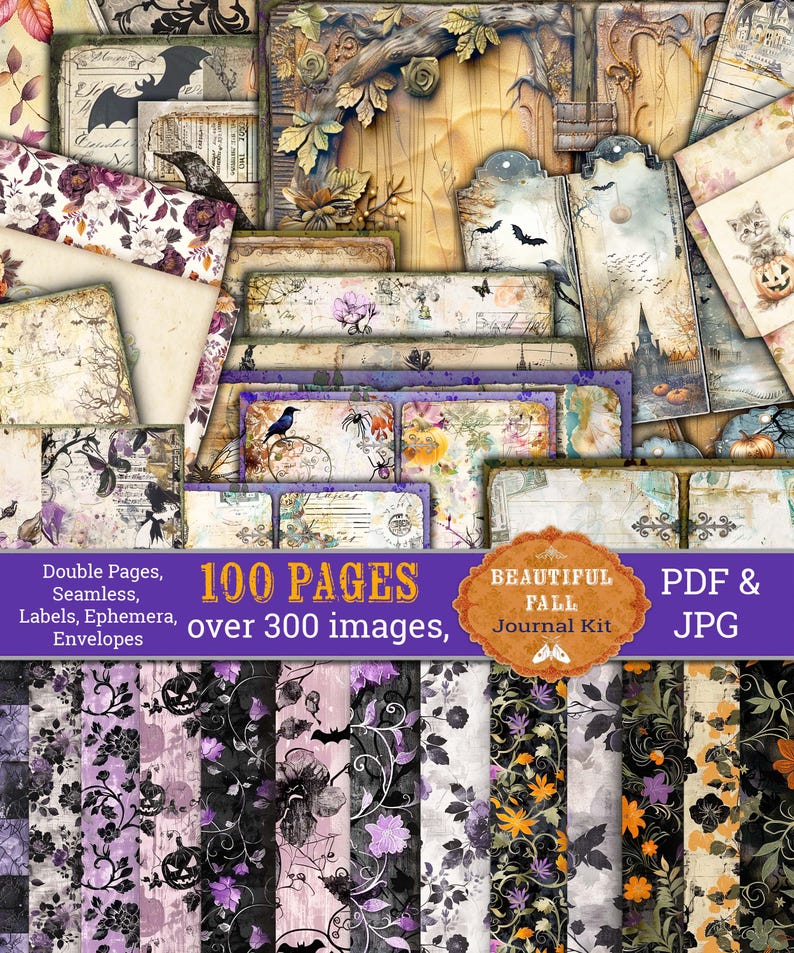 Op de afbeelding: Een digitale scrapbookkit met 100 pagina's en meer dan 300 afbeeldingen. De kit bevat een verscheidenheid aan herfst- en Halloween-themaontwerpen, waaronder pompoenen, vleermuizen, bladeren en bloemen. De kit is beschikbaar in PDF- en JPG-formaten.  "Double Pages, Seamless, Labels, Ephemera, Envelopes" en "Beautiful Fall Journal Kit" staan op de afbeelding.