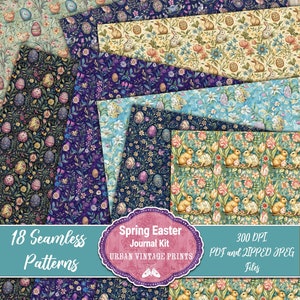 Pu&ograve; includere: Una collezione di 18 motivi senza cuciture a tema pasquale. I disegni presentano composizioni floreali, uova di Pasqua e coniglietti in vari colori. L'immagine include il testo "Spring Easter Journal Kit" e "Urban Vintage Prints."