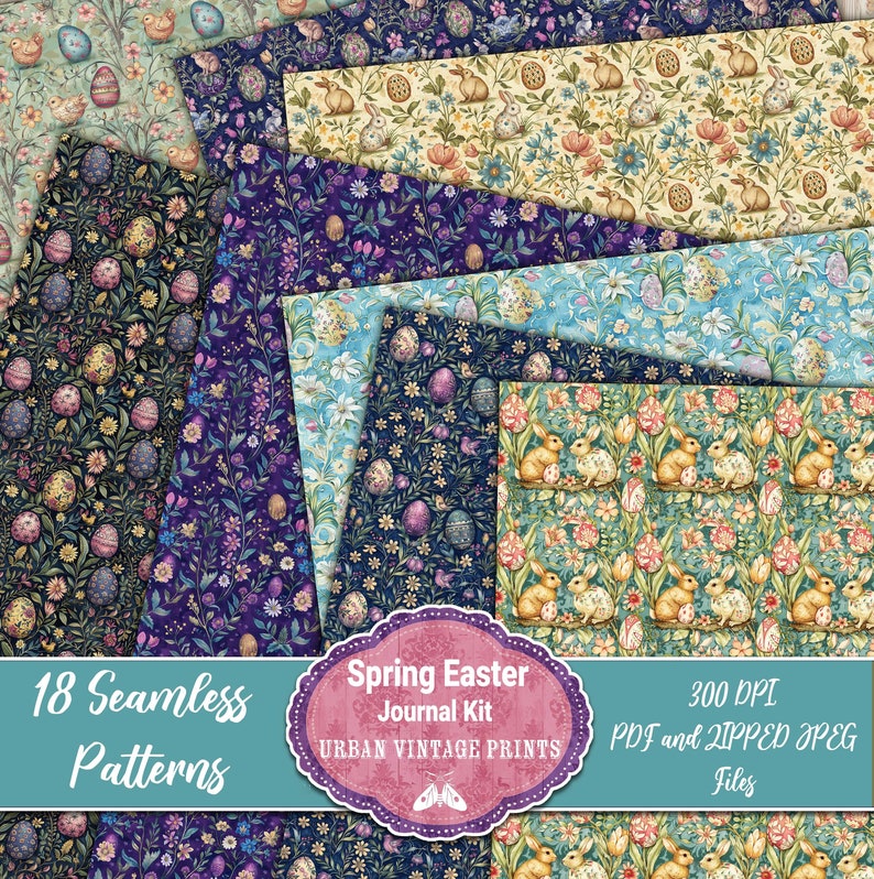 Pu&ograve; includere: Una collezione di 18 motivi senza cuciture a tema pasquale. I disegni presentano composizioni floreali, uova di Pasqua e coniglietti in vari colori. L'immagine include il testo "Spring Easter Journal Kit" e "Urban Vintage Prints."
