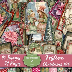Festivo colorato vacanze di Natale inverno capodanno cartoline digitali, buste, etichette, stampabili, scrapbook craft, pagine vintage shabby journal