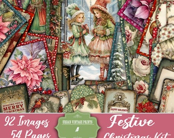Festive Colorful Christmas Holiday Winter New Year Digital Cards, Envelopes, Tags, Printable, Scrapbook Craft, Vintage Pages Shabby Journal