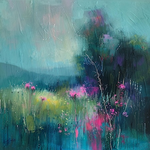 May include: A painting of a landscape with a blue and green color scheme. The painting features a field of pink flowers in the foreground, with a dark green forest in the background. The sky is a light blue with hints of pink.