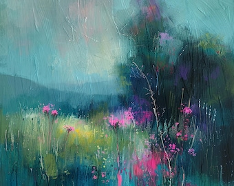 Large Abstract Wall Art Print Shipped Modern Landscape Colorful Textured Painting, Gift Canvas, Teal, Blue, Purple, Pink, Magenta,Paper Boho