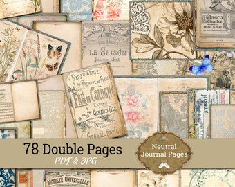 78 Junk Journal Blank decorative 78 double pages Pack / Neutral Vintage color papers / Instant download/ Printable Pack
