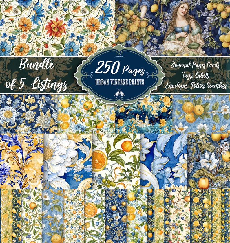 Puede incluir: Un paquete de papel digital con 250 p&aacute;ginas de patrones florales vintage en azul, amarillo y blanco. Los patrones presentan limones, flores y hojas. El texto "Bundle of 5 listings" y "250 Pages Urban Vintage Prints" est&aacute; incluido en la imagen.