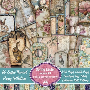 Pu&ograve; includere: Un download digitale di un kit di diario Spring Easter. L'immagine presenta un collage di tag, pagine ed effimeri in stile vintage con illustrazioni floreali, di conigli e uccelli. Il kit include pagine A4, pagine doppie, buste, tag, etichette e motivi da 45,7x45,7 cm.