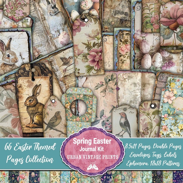 Ostern Themed Journal Seiten Kit, Digital, Druckbare Download, Journal Seiten, Frühling Handwerk, Scrapbooking Ephemera Tags, Etiketten Umschläge, Nahtlos