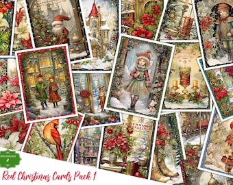 Red Green Gold Christmas Holiday Winter New Year Digital Cards, Decorative Printable, Antique, Scrapbook Craft, Vintage Pages Shabby Journal