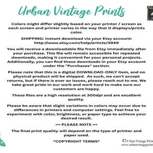 Op de afbeelding: Tekst op een witte achtergrond met de woorden "Urban Vintage Prints" in zwart. De tekst legt uit dat de digitale download voor persoonlijk gebruik is en dat de uiteindelijke afdrukkwaliteit afhangt van het type printer en het gebruikte papier. De tekst bevat ook een copyrightvermelding.