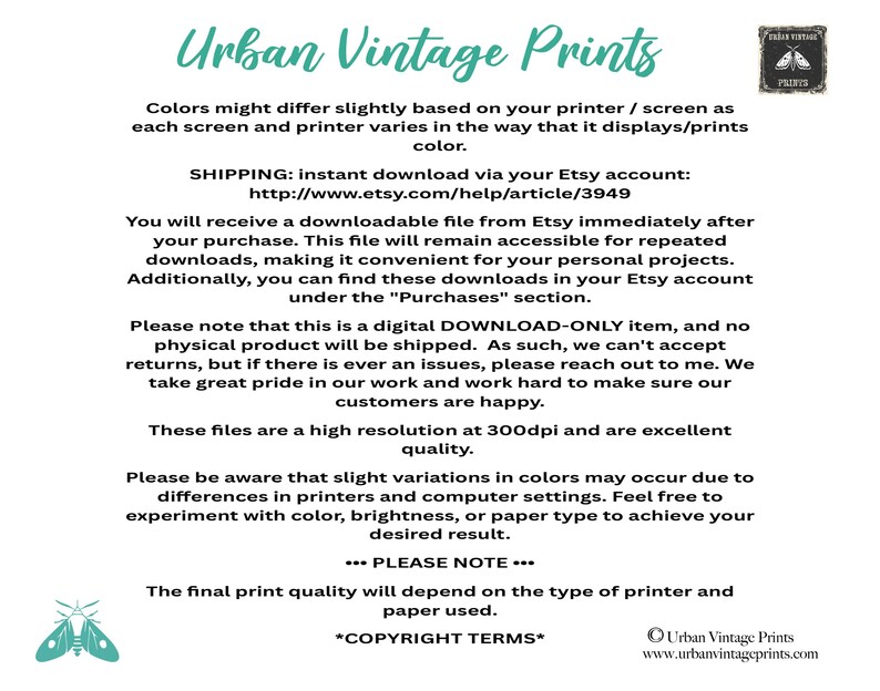 Op de afbeelding: Tekst op een witte achtergrond met de woorden "Urban Vintage Prints" in zwart. De tekst legt uit dat de digitale download voor persoonlijk gebruik is en dat de uiteindelijke afdrukkwaliteit afhangt van het type printer en het gebruikte papier. De tekst bevat ook een copyrightvermelding.