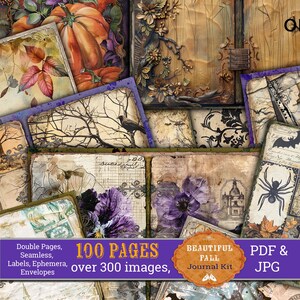 Op de afbeelding: Een digitale collagekit met 100 pagina's en meer dan 300 afbeeldingen met verschillende herfst- en Halloween-thema's. De afbeeldingen omvatten pompoenen, bladeren, kraaien, spinnen, vleermuizen en vintage-stijl papier. De kit is beschikbaar in PDF- en JPG-formaten.