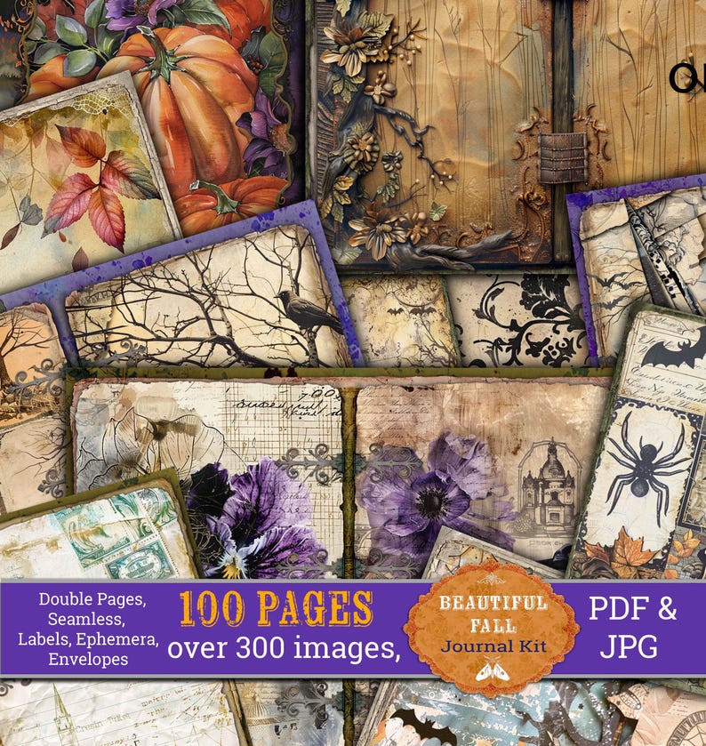 Op de afbeelding: Een digitale collagekit met 100 pagina's en meer dan 300 afbeeldingen met verschillende herfst- en Halloween-thema's. De afbeeldingen omvatten pompoenen, bladeren, kraaien, spinnen, vleermuizen en vintage-stijl papier. De kit is beschikbaar in PDF- en JPG-formaten.