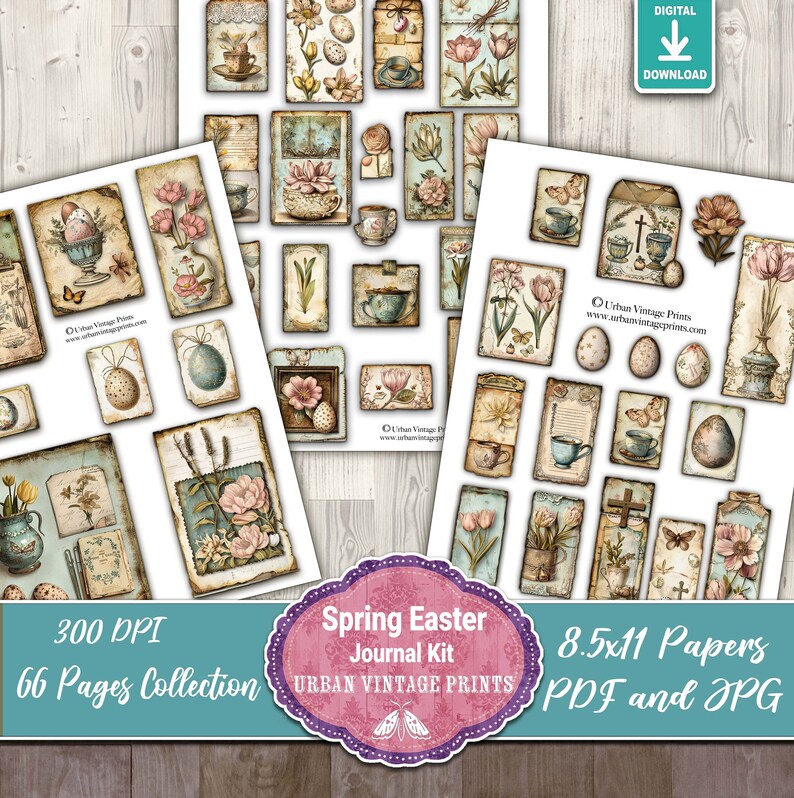 Pu&ograve; includere: Una collezione di carte digitali in stile vintage con illustrazioni a tema pasquale e primaverile. Le carte includono immagini di uova, fiori, tazze da t&egrave; e farfalle. Il testo sull'immagine recita "Spring Easter Journal Kit" e "8.5x11 Papers PDF and JPG".