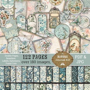 Junk Journal,Nahtlos,Umschläge,Etiketten,Schnittmuster,Vögel,Libelle,Shabby,Vintage,Tags,zum bedrucken, Scrapbook Basteln,Doppelseitig,Herunterladen