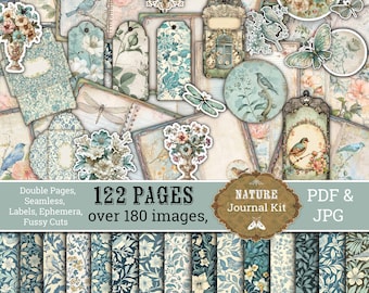 Junk Journal,Seamless,Envelopes,Labels,Fussy Cuts,Birds, Dragonflies,Shabby, Vintage, Tags, Printable,Scrapbook Craft,Double Pages,download