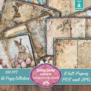 Pu&ograve; includere: Una collezione di carte in stile vintage con illustrazioni di coniglietti pasquali, uova e motivi floreali. Le carte hanno un aspetto invecchiato con scritte a mano e bordi decorativi. Il testo "Spring Easter Journal Kit" e "66 Pages Collection" &egrave; incluso.