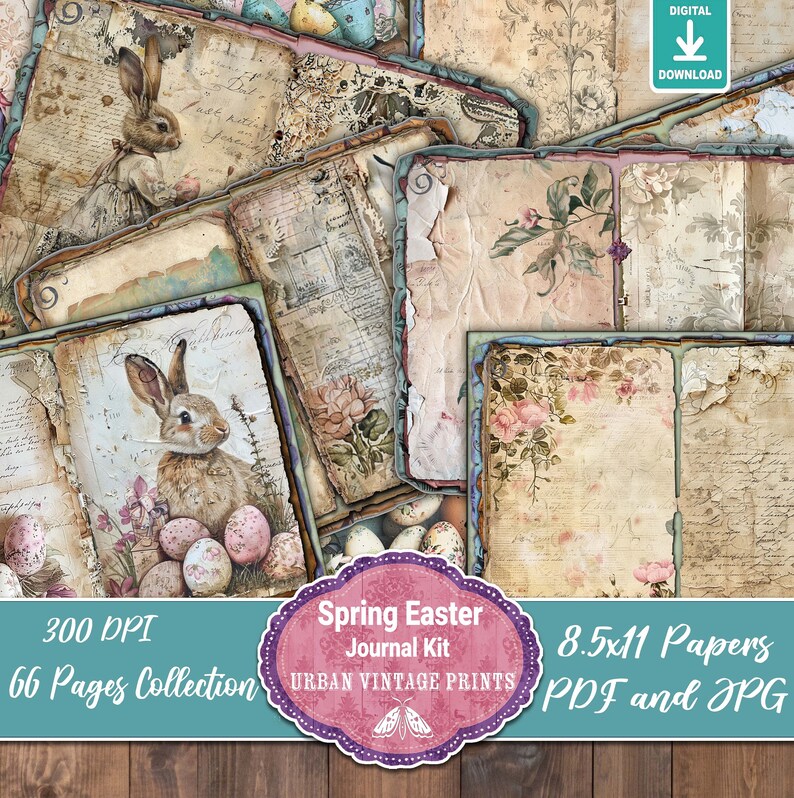 Pu&ograve; includere: Una collezione di carte in stile vintage con illustrazioni di coniglietti pasquali, uova e motivi floreali. Le carte hanno un aspetto invecchiato con scritte a mano e bordi decorativi. Il testo "Spring Easter Journal Kit" e "66 Pages Collection" &egrave; incluso.