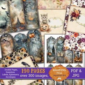 Op de afbeelding: Een digitale scrapbookkit met 100 pagina's en meer dan 300 afbeeldingen met een Halloween-thema. De afbeeldingen omvatten pompoenen, kraaien, een spookachtige kerk en een volle maan. De kit is beschikbaar in PDF- en JPG-formaten.