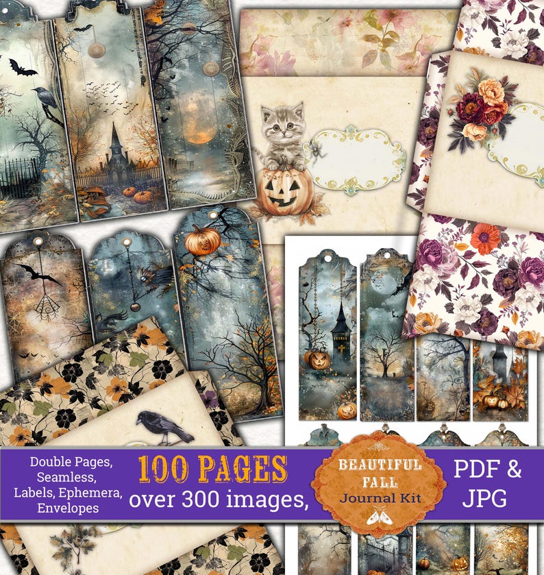 Op de afbeelding: Een digitale scrapbookkit met 100 pagina's en meer dan 300 afbeeldingen met een Halloween-thema. De afbeeldingen omvatten pompoenen, kraaien, een spookachtige kerk en een volle maan. De kit is beschikbaar in PDF- en JPG-formaten.