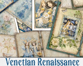 Digital Collage, Printable Download, Journal Pages, Craft, Scrapbooking Ephemera Kit, Italian Renaissance, Venetian Colors, Digital Printout