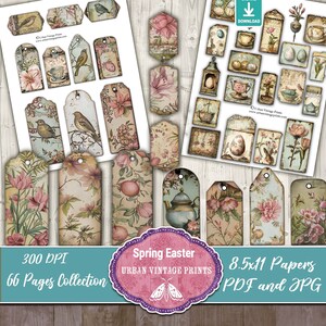 Pu&ograve; includere: Una collezione di etichette e oggetti effimeri stampabili in stile vintage con disegni floreali, di uccelli e a tema pasquale. Le etichette presentano colori pastello tenui, tra cui rosa, verde e beige, con il testo "Spring Easter" e "Urban Vintage Prints". La collezione include 66 pagine.