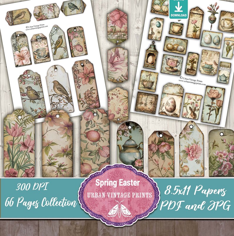 Pu&ograve; includere: Una collezione di etichette e oggetti effimeri stampabili in stile vintage con disegni floreali, di uccelli e a tema pasquale. Le etichette presentano colori pastello tenui, tra cui rosa, verde e beige, con il testo "Spring Easter" e "Urban Vintage Prints". La collezione include 66 pagine.