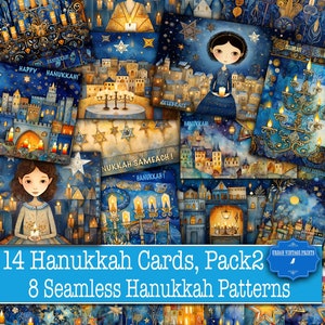 Hanukkah Holiday Pack 2 Winter Jewish New Year Digital 5x7 Cards Printable, Scrapbook Craft Vintage Pages Journal Seamless Kit Collage Happy