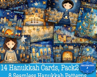 Hanukkah Holiday Pack 2 Winter Jewish New Year Digital 5x7 Cards Printable, Scrapbook Craft Vintage Pages Journal Seamless Kit Collage Happy