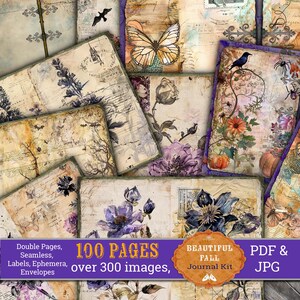 Op de afbeelding: Een digitale collagekit met 100 pagina's en meer dan 300 afbeeldingen. De afbeeldingen bevatten bloemenontwerpen in vintage stijl, vlinders, vogels en handschrift. De kit is beschikbaar in PDF- en JPG-formaten. De tekst op de afbeelding luidt "100 PAGINA'S meer dan 300 afbeeldingen, MOOI HERFST Journal Kit PDF & JPG"