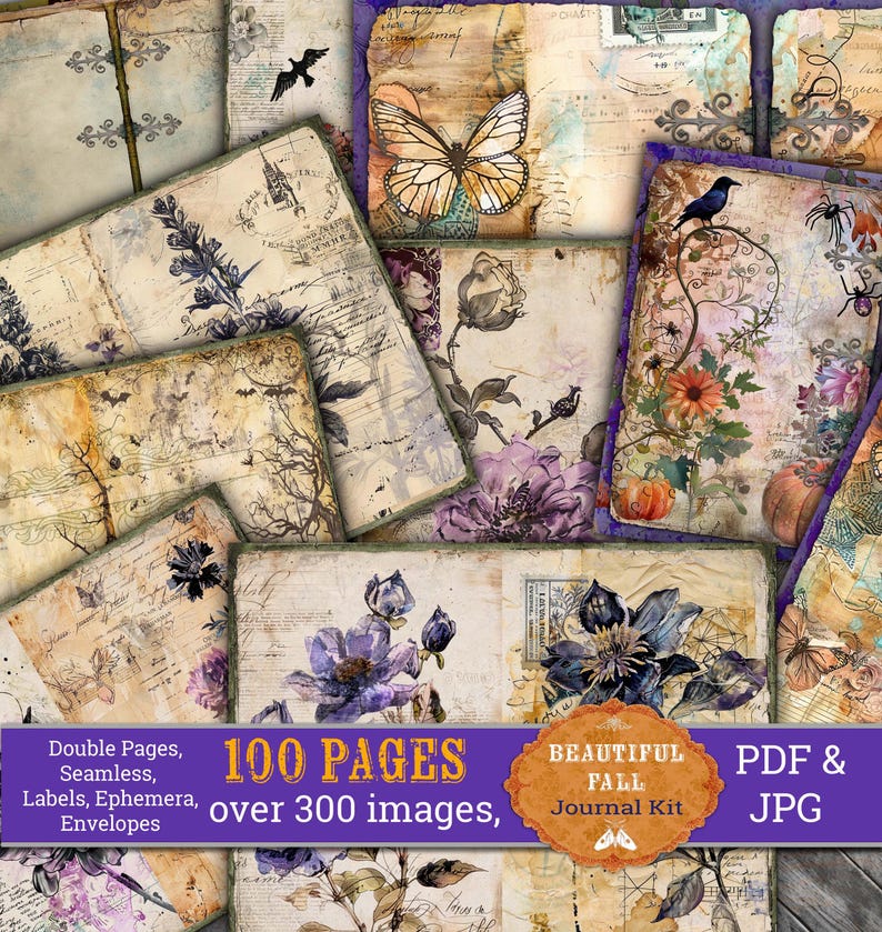 Op de afbeelding: Een digitale collagekit met 100 pagina's en meer dan 300 afbeeldingen. De afbeeldingen bevatten bloemenontwerpen in vintage stijl, vlinders, vogels en handschrift. De kit is beschikbaar in PDF- en JPG-formaten. De tekst op de afbeelding luidt "100 PAGINA'S meer dan 300 afbeeldingen, MOOI HERFST Journal Kit PDF & JPG"