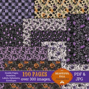 Op de afbeelding: Een digitaal papierpakket met 100 pagina's en meer dan 300 afbeeldingen. De papieren bevatten verschillende bloemmotieven in tinten paars, zwart en wit. De tekst "100 PAGES over 300 images" wordt weergegeven in een banner in het midden van de afbeelding.