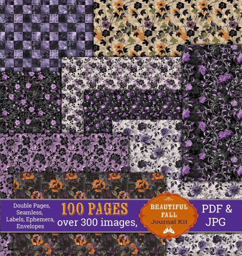 Op de afbeelding: Een digitaal papierpakket met 100 pagina's en meer dan 300 afbeeldingen. De papieren bevatten verschillende bloemmotieven in tinten paars, zwart en wit. De tekst "100 PAGES over 300 images" wordt weergegeven in een banner in het midden van de afbeelding.