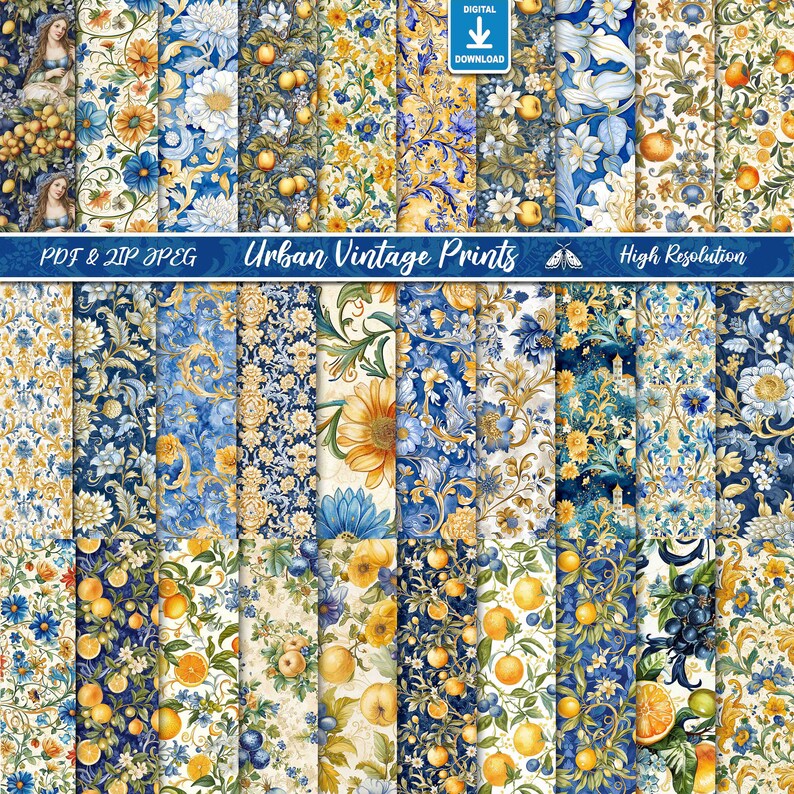 Puede incluir: Un conjunto de 16 papeles digitales impresos con un estilo vintage con patrones florales azules, amarillos y dorados. Los papeles son de alta resoluci&oacute;n y perfectos para scrapbooking, creaci&oacute;n de tarjetas y otros proyectos de manualidades.