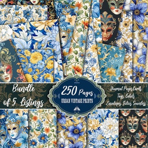 Puede incluir: Un paquete de papel digital con 250 p&aacute;ginas de patrones florales vintage en azul, amarillo y blanco. Los patrones presentan detalles intrincados y m&aacute;scaras. El texto "Bundle of 5 Listings" y "250 Pages Urban Vintage Prints" est&aacute; incluido en la imagen.
