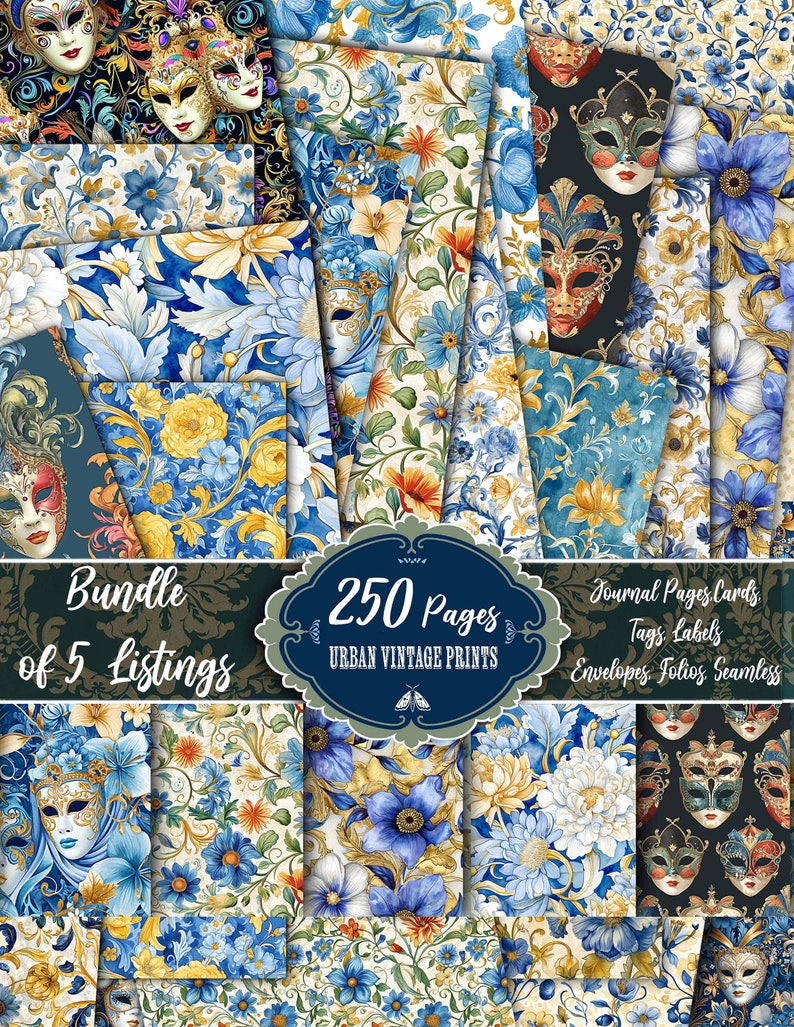 Puede incluir: Un paquete de papel digital con 250 p&aacute;ginas de patrones florales vintage en azul, amarillo y blanco. Los patrones presentan detalles intrincados y m&aacute;scaras. El texto "Bundle of 5 Listings" y "250 Pages Urban Vintage Prints" est&aacute; incluido en la imagen.