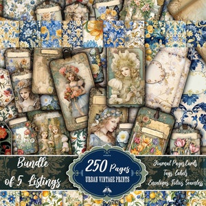 Puede incluir: Un paquete de descarga digital de 250 p&aacute;ginas imprimibles de estilo vintage. El paquete incluye p&aacute;ginas de diario, tarjetas, etiquetas, etiquetas, sobres, folios y patrones sin costuras. Las p&aacute;ginas presentan una combinaci&oacute;n de colores azul y amarillo con dise&ntilde;os florales y bot&aacute;nicos.