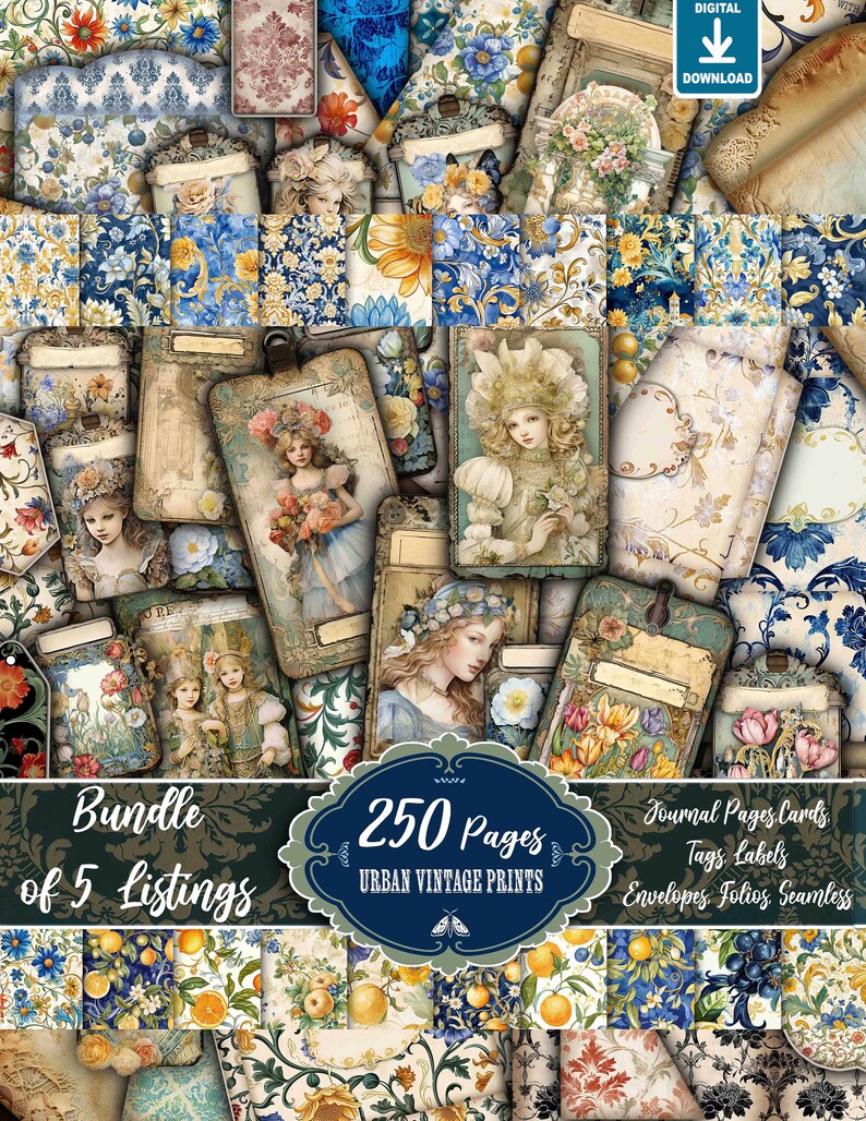 Puede incluir: Un paquete de descarga digital de 250 p&aacute;ginas imprimibles de estilo vintage. El paquete incluye p&aacute;ginas de diario, tarjetas, etiquetas, etiquetas, sobres, folios y patrones sin costuras. Las p&aacute;ginas presentan una combinaci&oacute;n de colores azul y amarillo con dise&ntilde;os florales y bot&aacute;nicos.