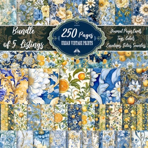 Puede incluir: Un collage de 250 dise&ntilde;os de papel digital con patrones florales en tonos azules, amarillos y blancos. Los papeles son perfectos para manualidades, scrapbooking y proyectos de dise&ntilde;o digital. El texto "Bundle of 5 Listings" y "250 Pages Urban Vintage Prints" es visible en la imagen.
