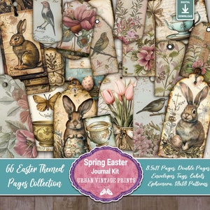 Pu&ograve; includere: Una collezione di pagine di diario, etichette ed effimeri a tema pasquale in stile vintage. Il design presenta illustrazioni di conigli, uccelli, fiori e uova in morbidi colori pastello. Il testo recita "Spring Easter Journal Kit" e "66 Easter Themed Pages Collection".